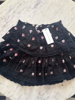 NWT LoveShackFancy Black Floral Embroidered Mini Skirt - XXS